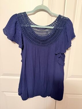 new directions Navy Crochet Yoke Flutter Sleeve Top